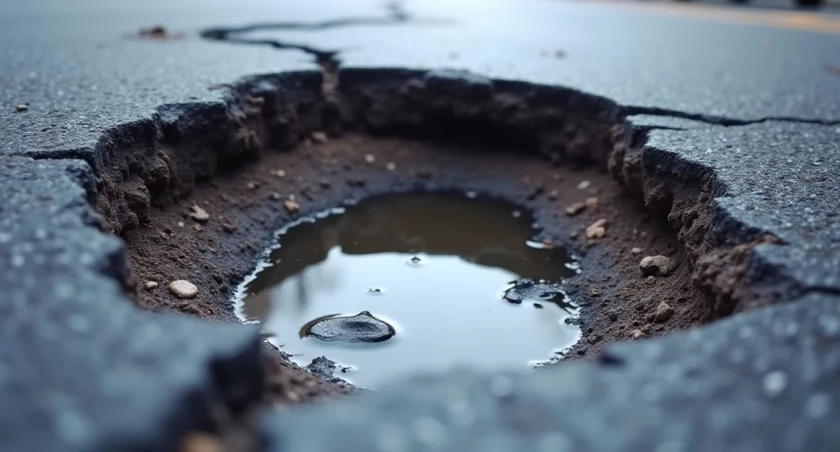 Dziura w drodze z kałużą i odbiciem nieba