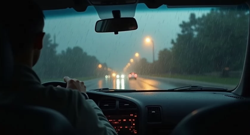Widok z jadącego samochodu. Złe warunki meteorologiczne i opady deszczu. 