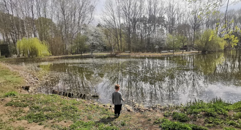 Chłopiec bawiący się przy oczku wodnym w bydgoskim ZOO