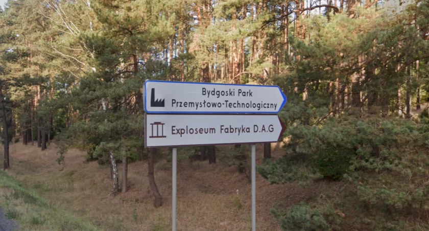 Drogowskaz prowadzący do Bydgoskiego Parku Przemysłowo-Technologicznego oraz Exploseum – dawnej fabryki DAG ukrytej wśród lasów.
